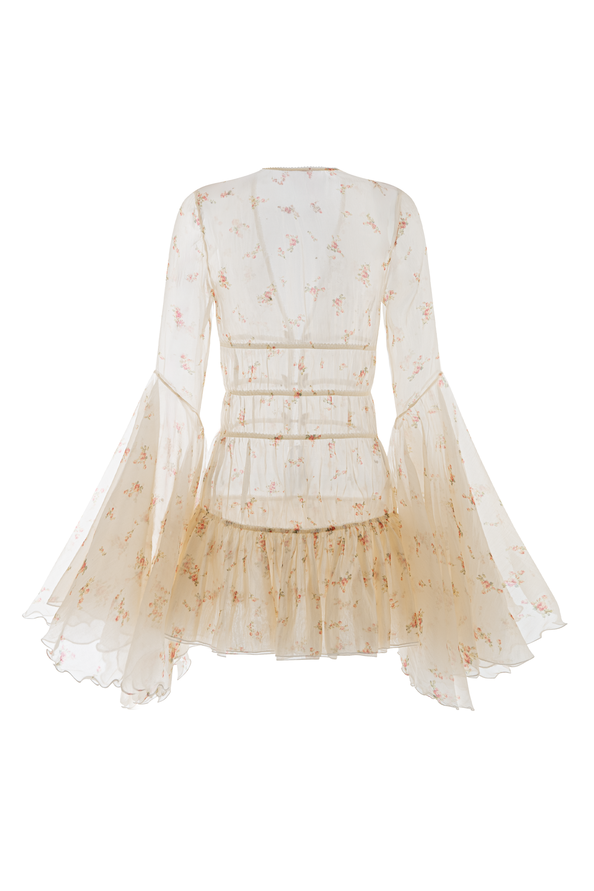 Florentine Drop Waist Flute Sleeved Sheer Fabric Extra Short Length Dress