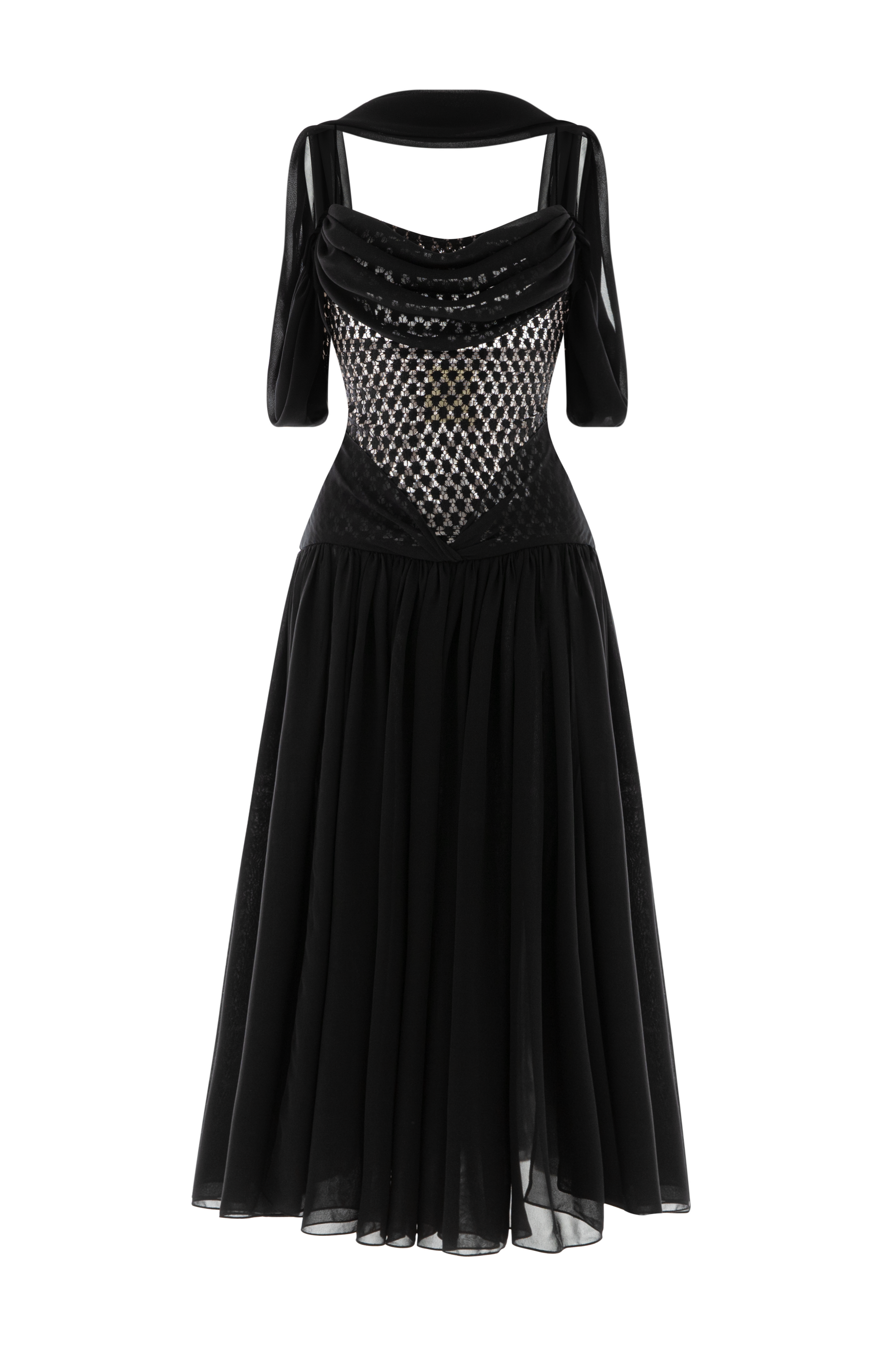 Women's Venerd Drop Waist Scarf Neck Chiffon Midi Dress XS/S/M/L/XL/Customize Black MEAN BLVD Black / S Women's Venerd Drop Waist Scarf Neck Chiffon Midi Dress XS/S/M/L/XL/Customize Black MEAN BLVD Black / S