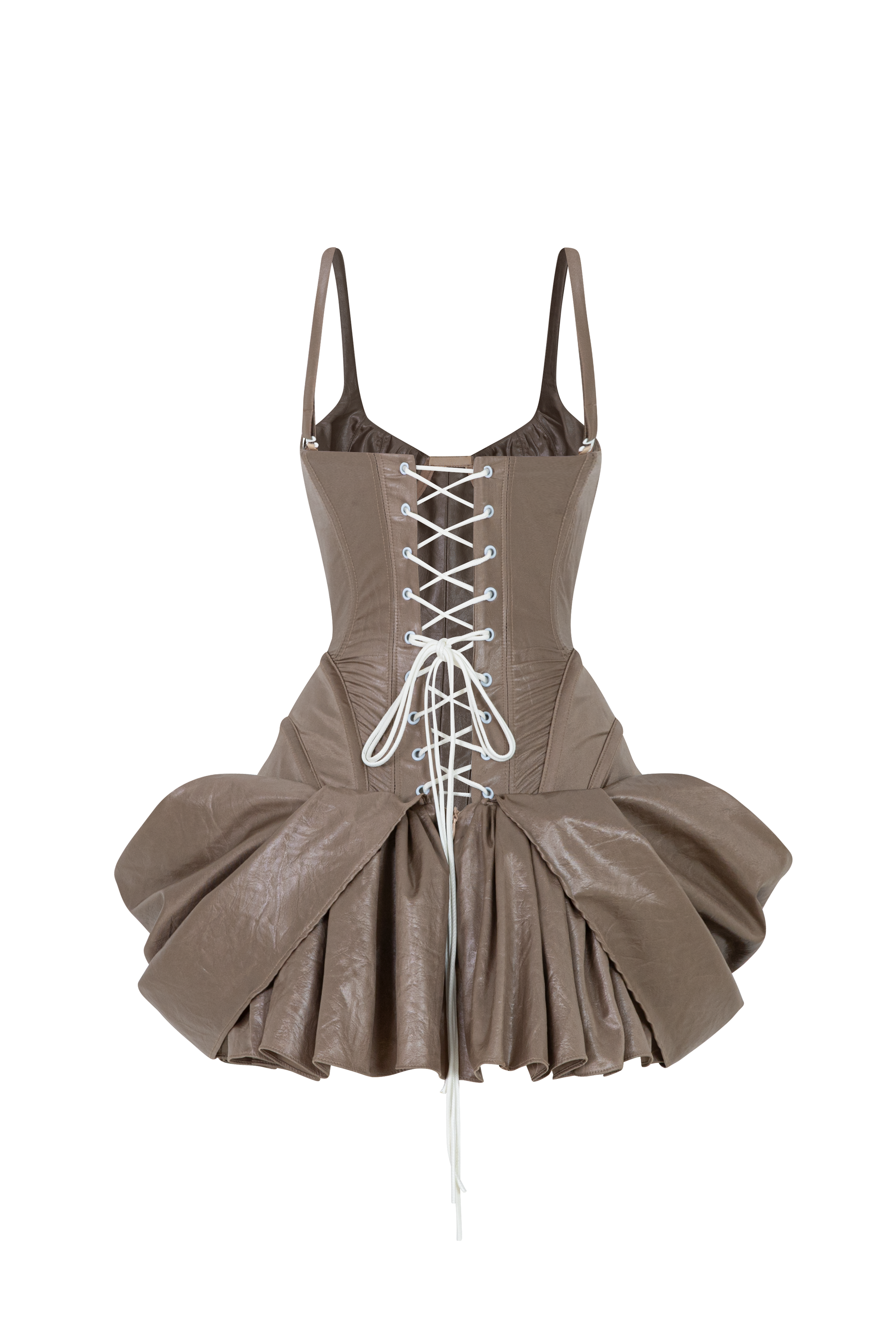 Perla Drop Waist Ruffled Leather Mini Dress