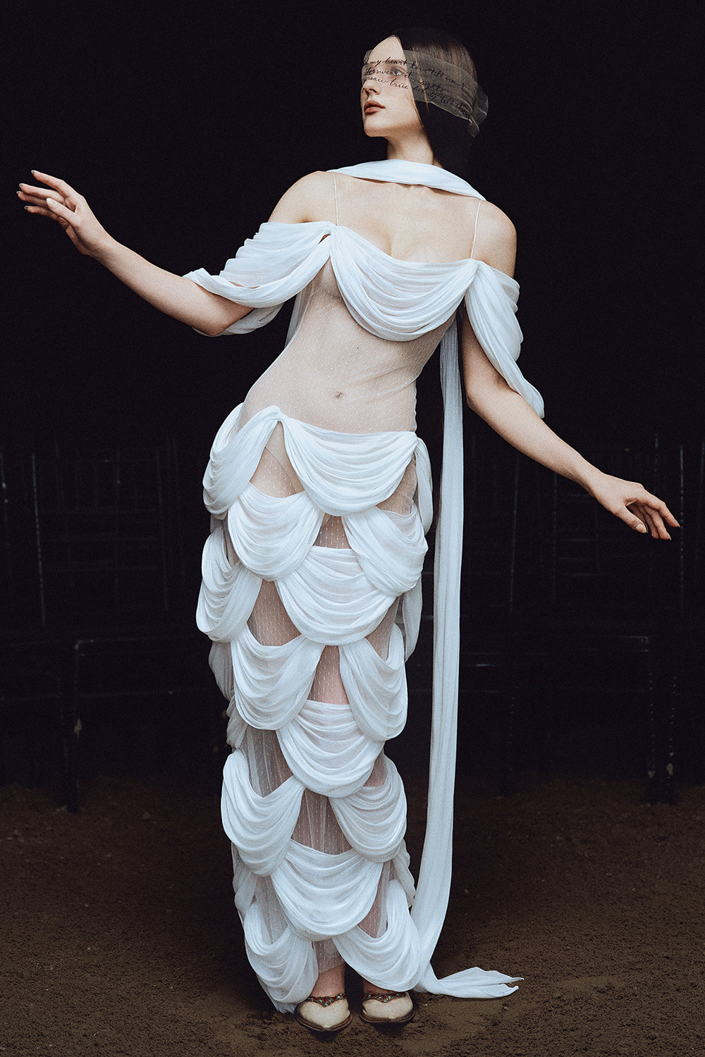Lady Macbeth Sheath Draped Maxi Dress Antique White & Nude / M