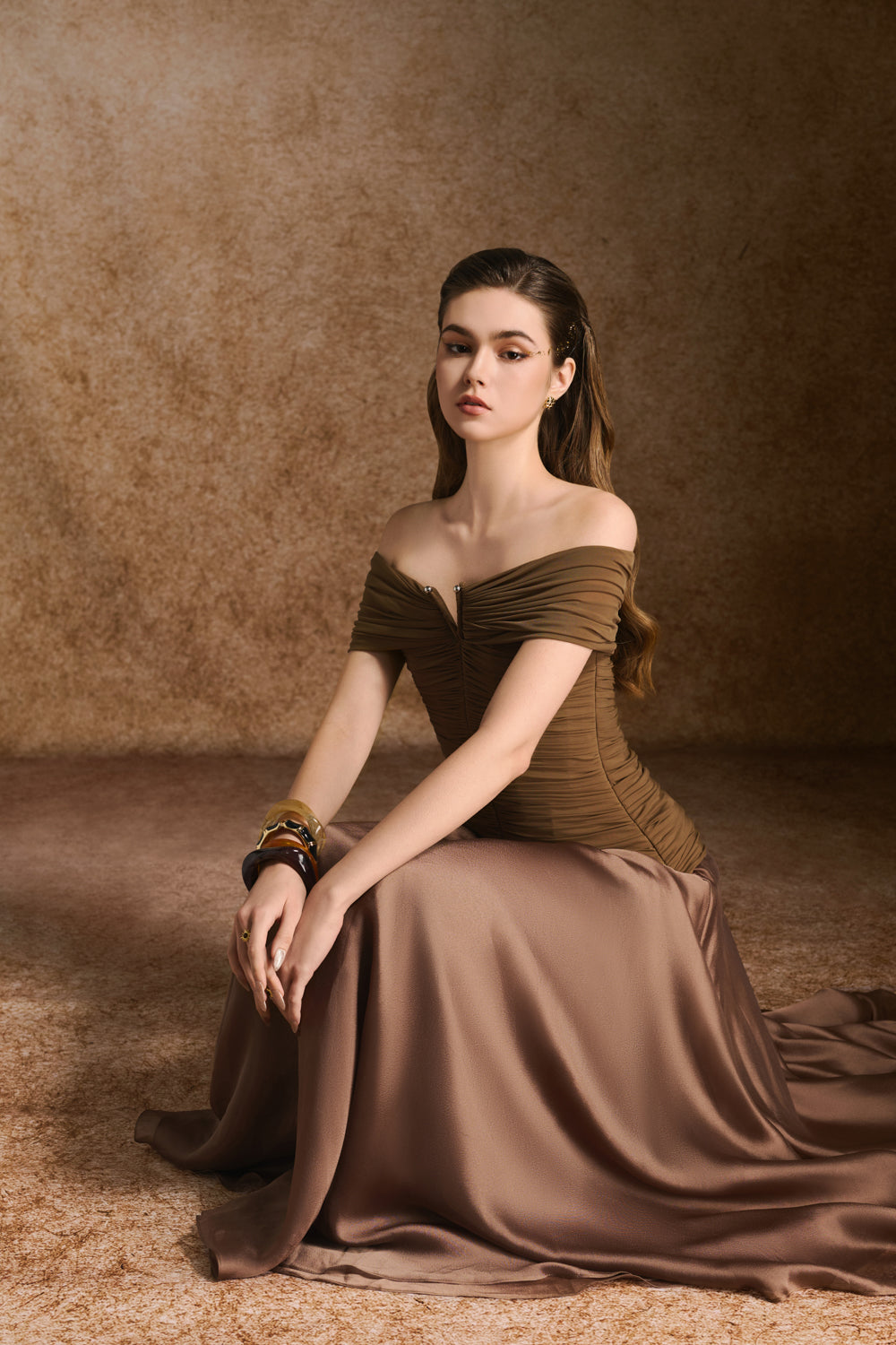 brown ankle length dress A Line Satin One Shoulder Pleated Ankle Length Mother of the Bride Dress