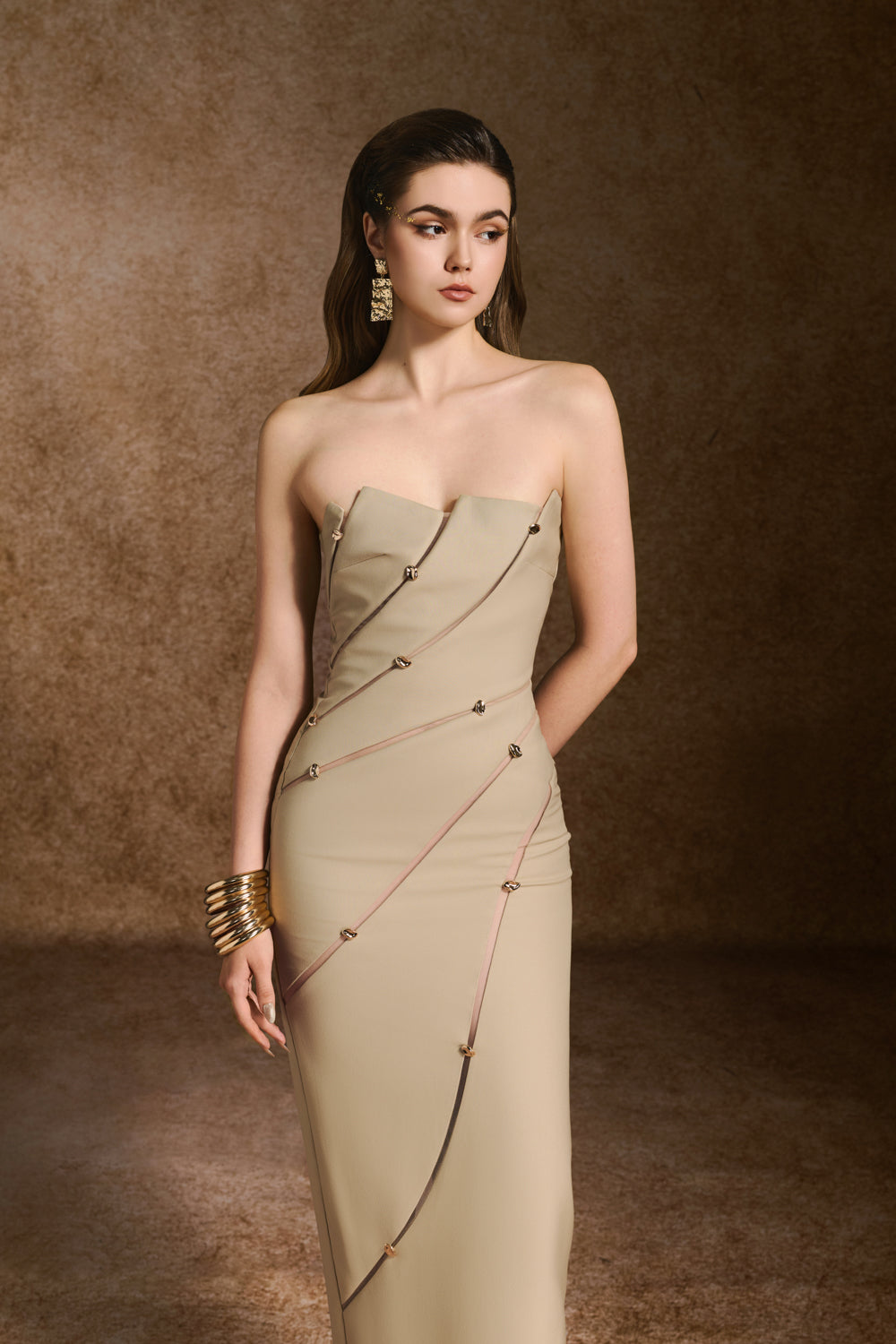 Tranquil Sheath Sleeveless Khaki Calf Length Dress