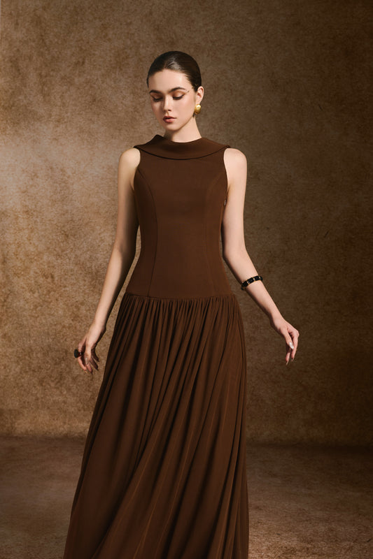 Cleo A-line High Neck Spandex Maxi Dress