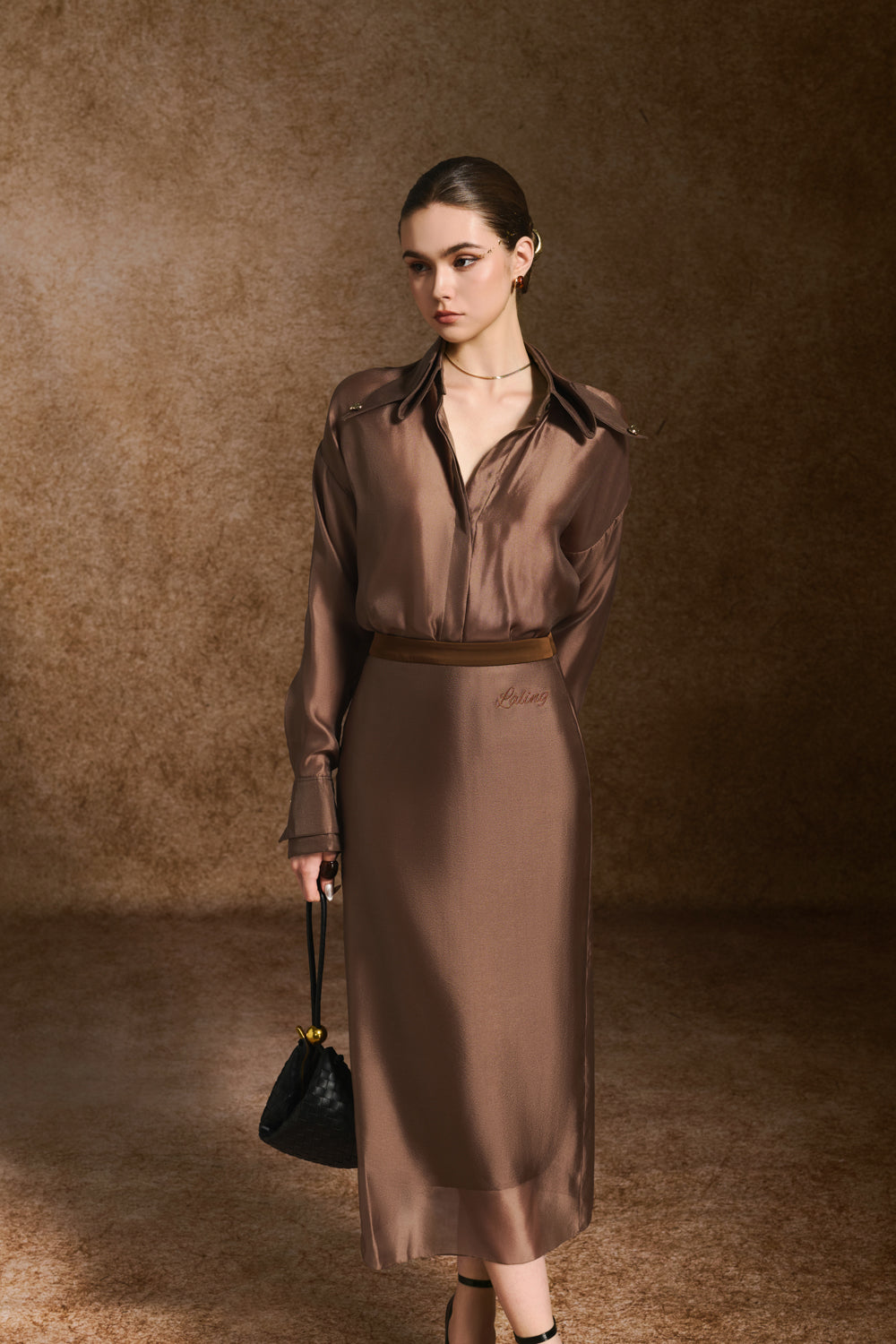 Wool Pencil Collared Neck Organza Calf Length Set