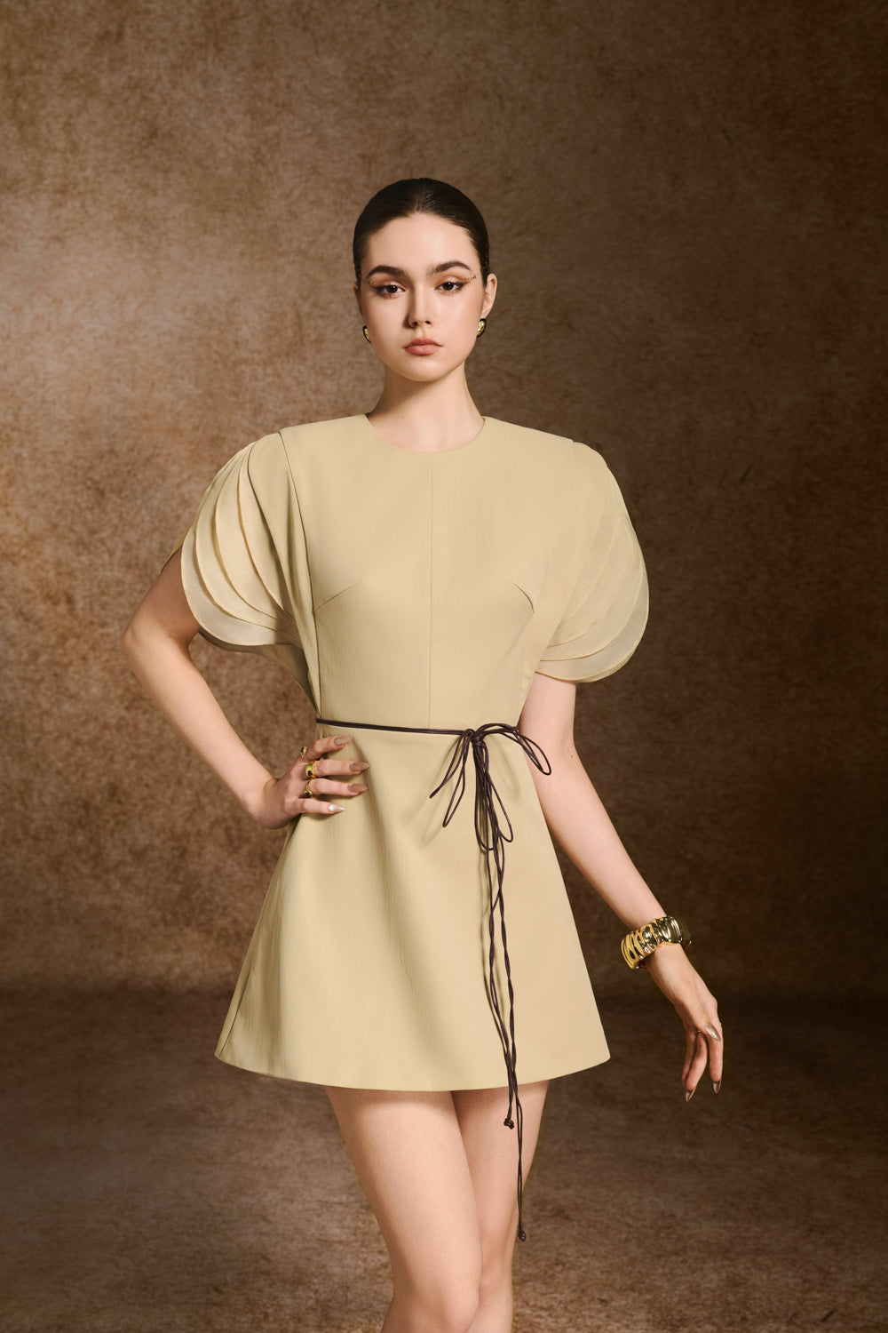 Nyra A-line Puffy Sleeved Khaki Mini Dress