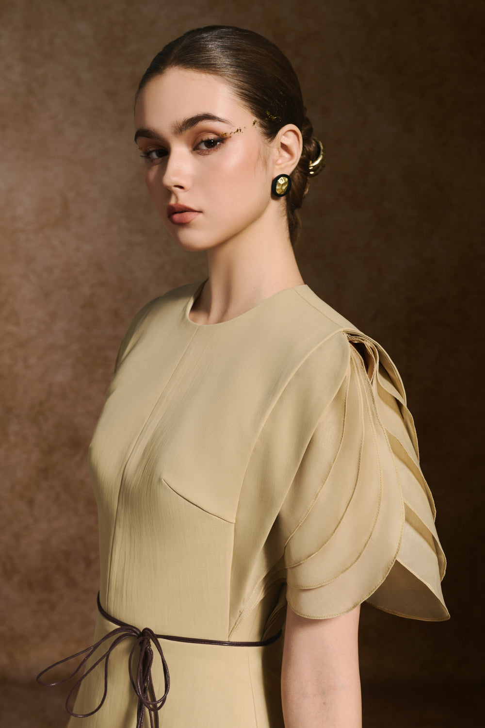 Nyra A-line Puffy Sleeved Khaki Mini Dress