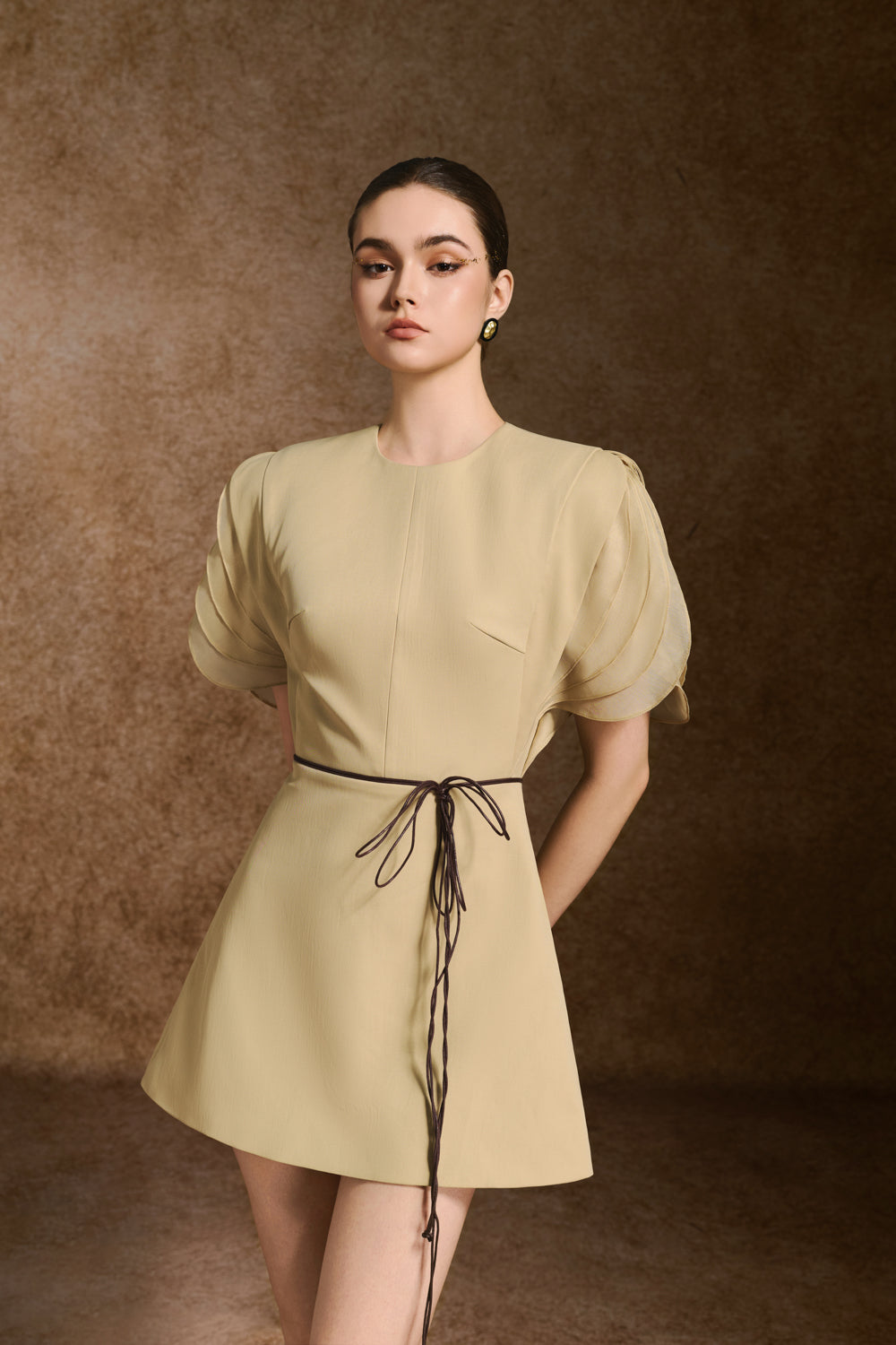 Nyra A-line Puffy Sleeved Khaki Mini Dress