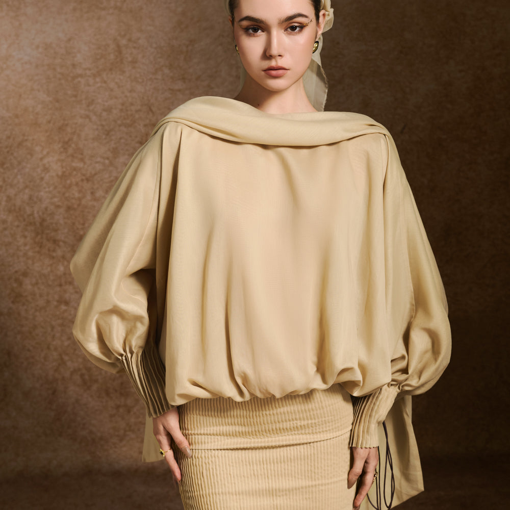 Woven Blouson Cuff Sleeved Muslin Mini Dress