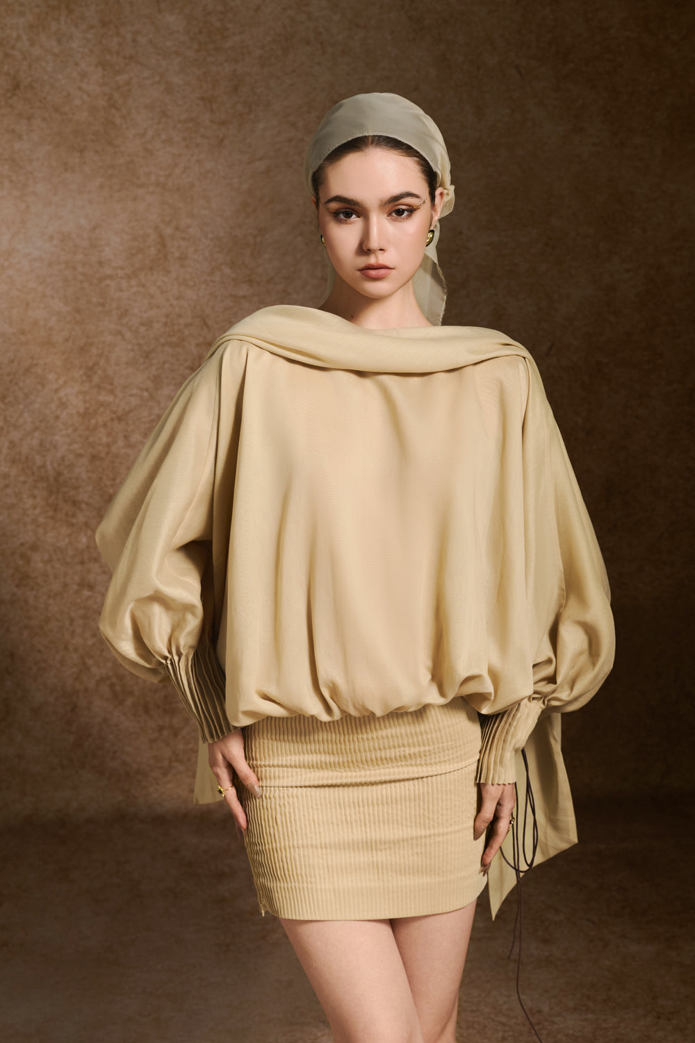 muslin mini dress Women's Woven Blouson Cuff Sleeved Muslin Mini Dress S/M/L/XL/Customize Cream Beige MEAN BLVD Cream Beige / XL