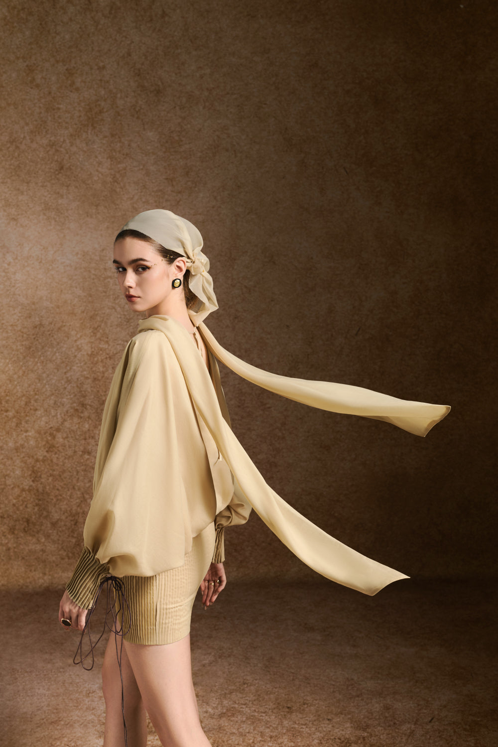 Woven Blouson Cuff Sleeved Muslin Mini Dress