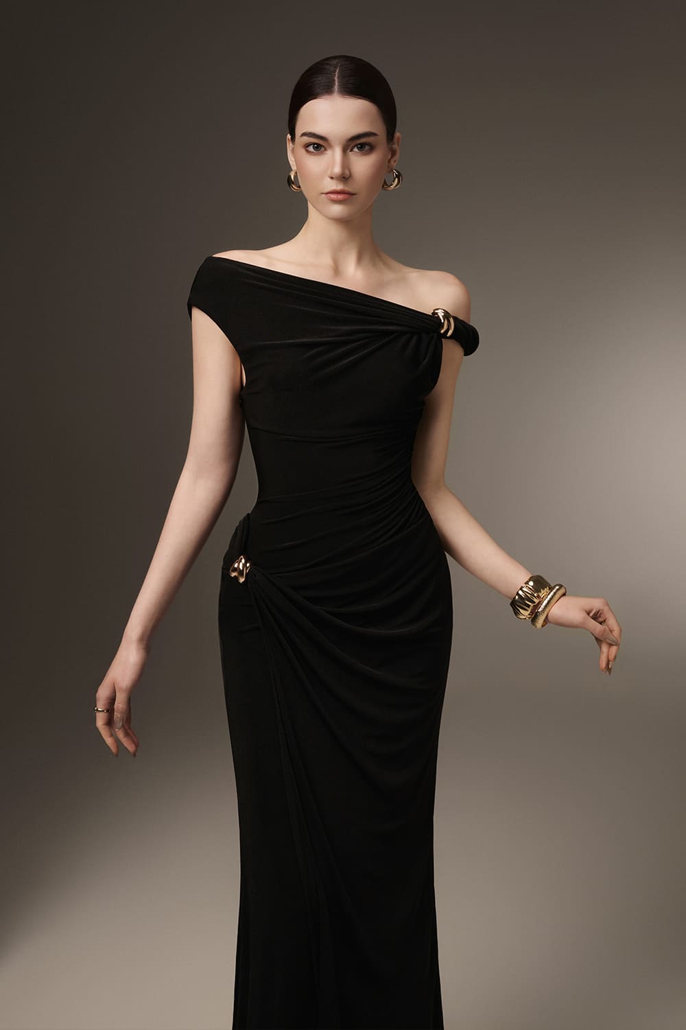 Deline Sheath Gathered Spandex Ankle Length Dress