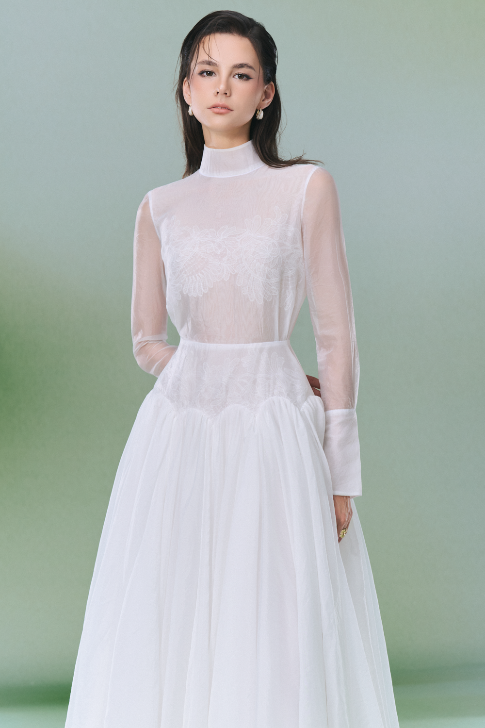 Women's Angela High Neck Gathering Midi Dress S/M/L/XL/Customize White MEAN BLVD Women's Angela High Neck Gathering Midi Dress S/M/L/XL/Customize White MEAN BLVD