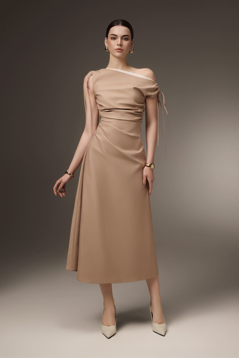Linea A-line Asymmetric Neck Khaki Calf Length Dress