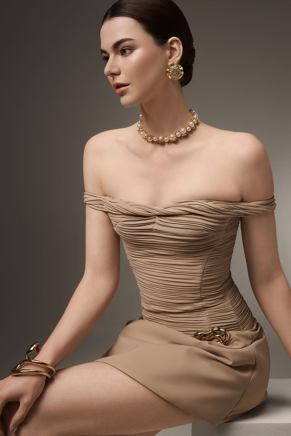 Sandie A-line Off-Shoulder Khaki Mini Dress