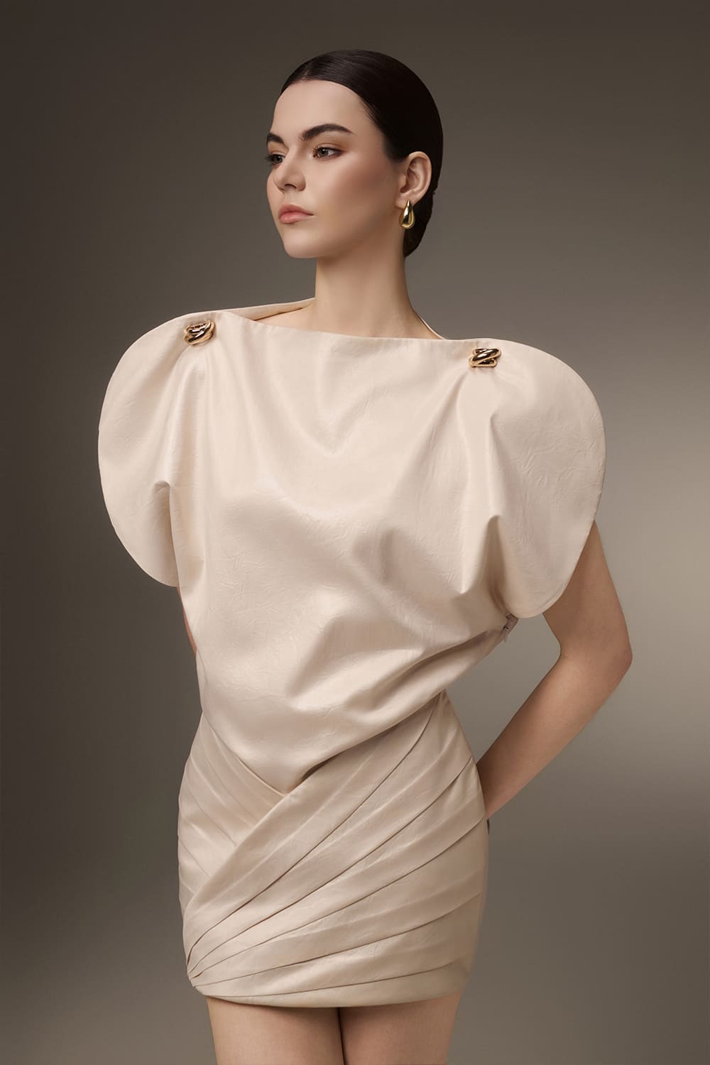 Demure Bodycon Boat Neck Poly Silk Mini Dress Ivory / L
