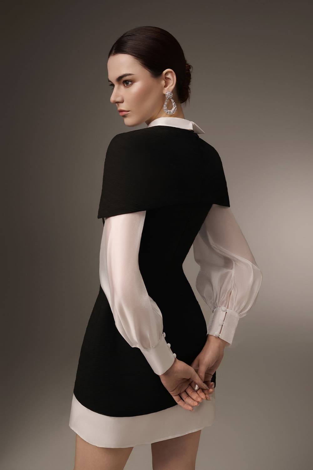 cape cotton dress Women's Thalia A-line Cape Shoulder Linen Cotton Midi Dress S/M/L/Customize Black and White MEAN BLVD Black and White / Customize
