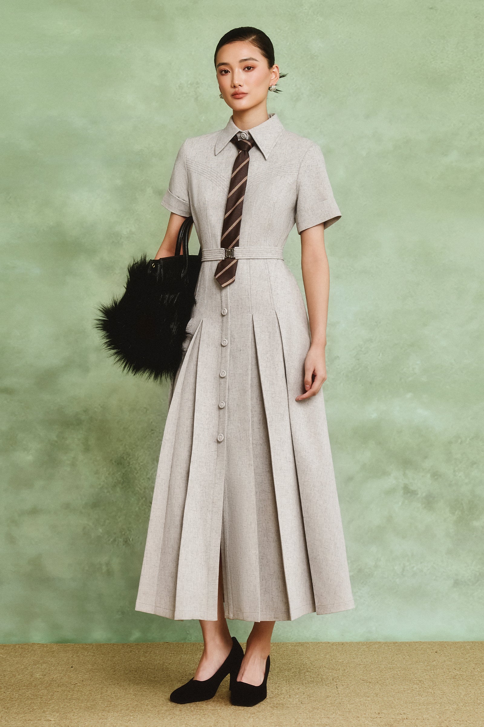 Lanco Collared Pleated Midi Dress - MEAN BLVD