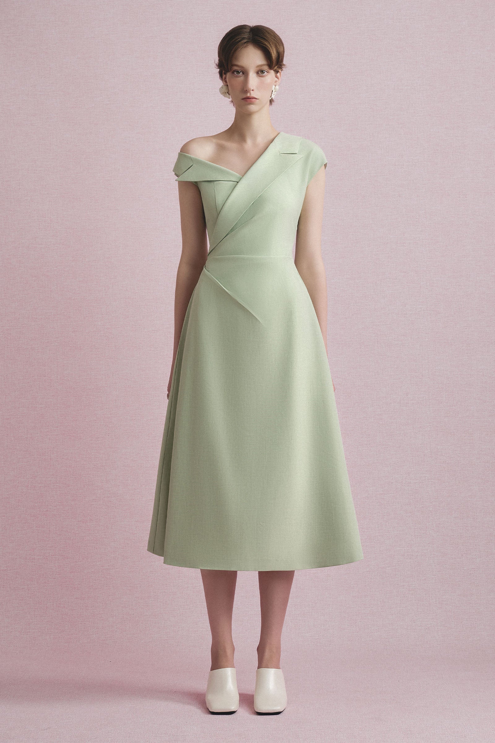 Lanto Asymmetric Neck Midi Dress Pale Olive Green / L