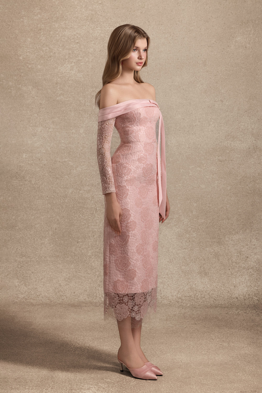 Women's Larose Off-Shoulder Lace Midi Dress S/M/L/Customize Dusty Pink MEAN  BLVD