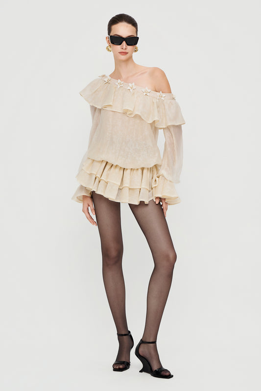 Lavallière Asymmetric Neck Applique Mini Dress - MEAN BLVD