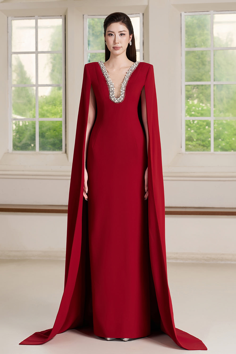 maxi cape dress formal Cape Long Sleeve Maxi Dress Small / Blue