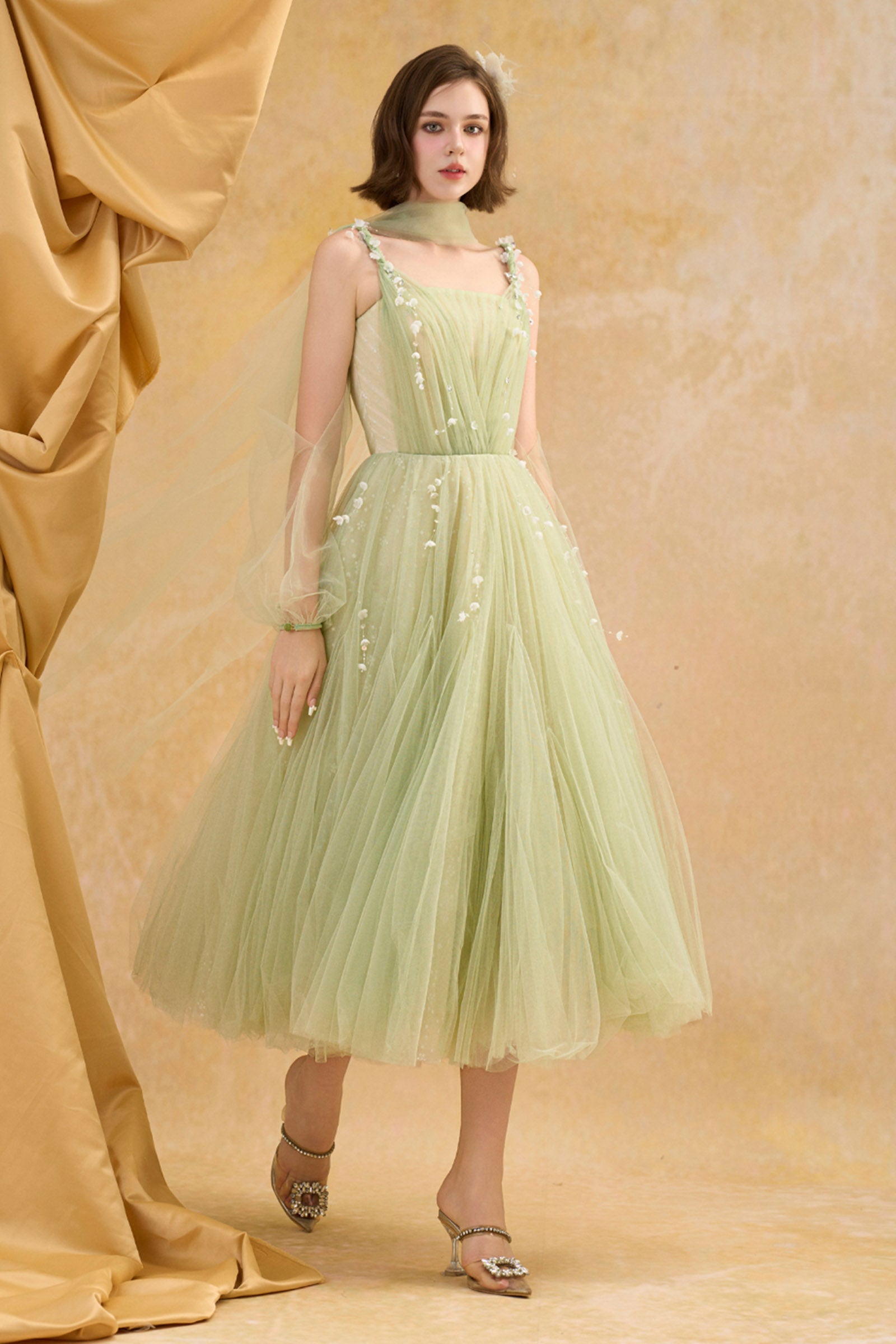 Women's Lilys Square Neck Applique Midi Dress XS/S/M/L/XL/Customize Foam  Green MEAN BLVD