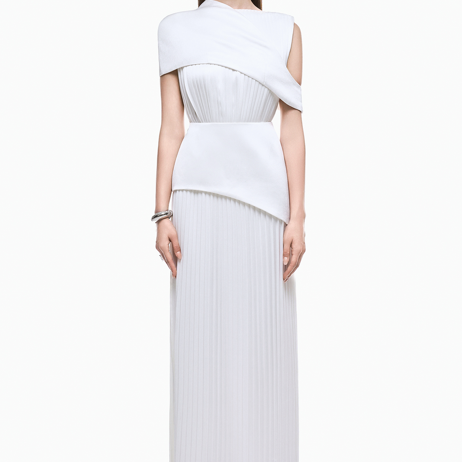 Liora Asymmetric Sleeve Pleated Maxi Dress White / XL