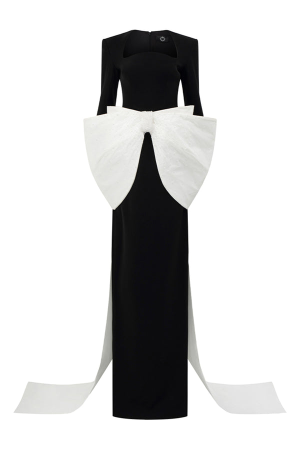 Cameron Sheath Bow Tie Crepe Floor Length Dress