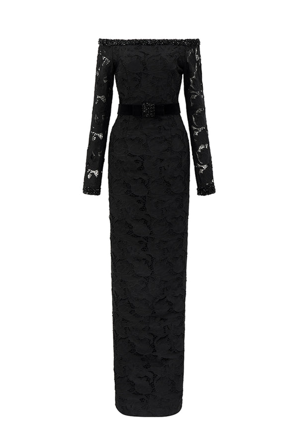 Zelda Sheath Off-Shoulder Lace Floor Length Dress