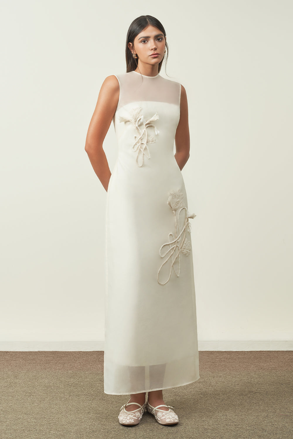 Linh Chi A-line Flower Applique Organza Maxi Dress