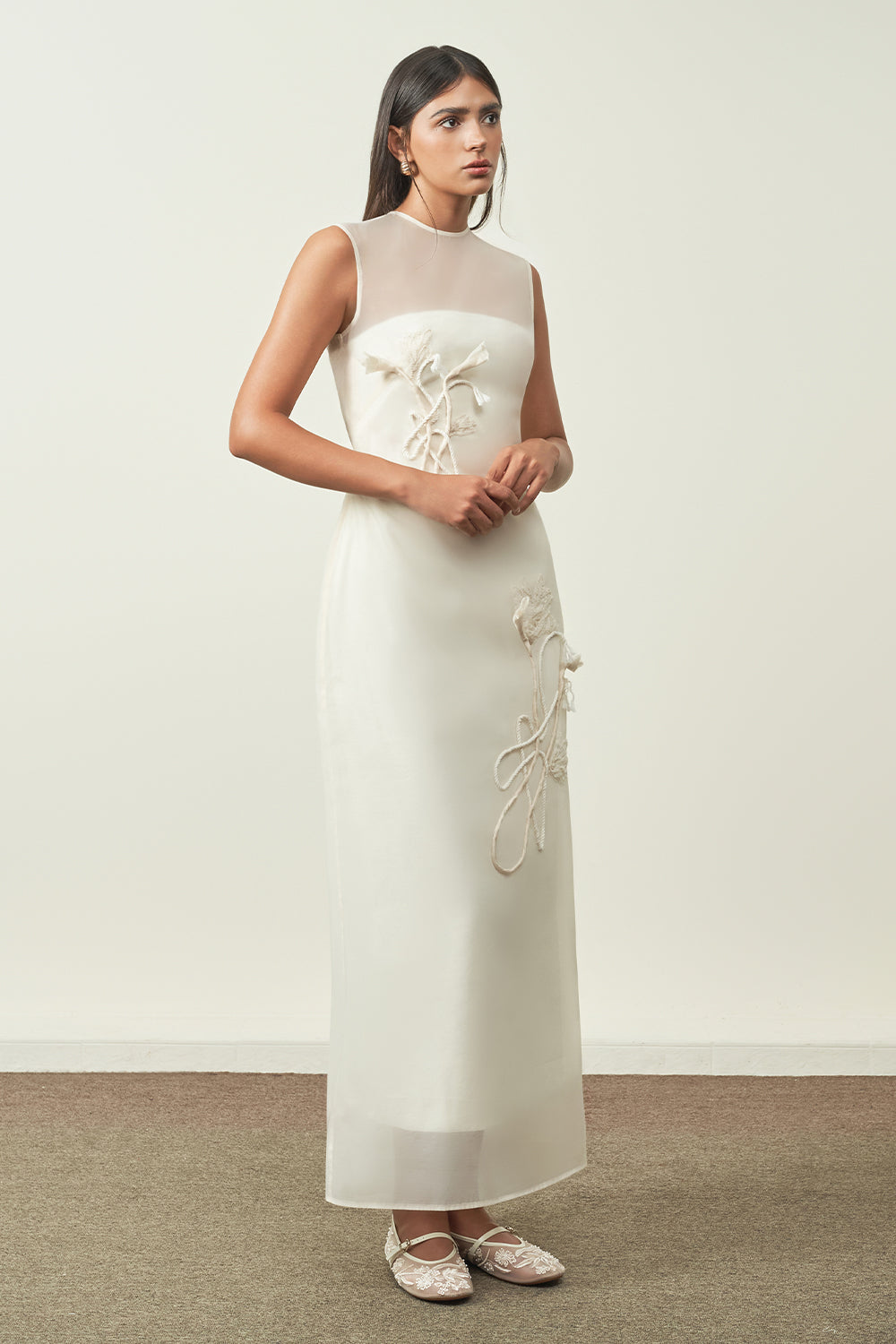 Linh Chi A-line Flower Applique Organza Maxi Dress