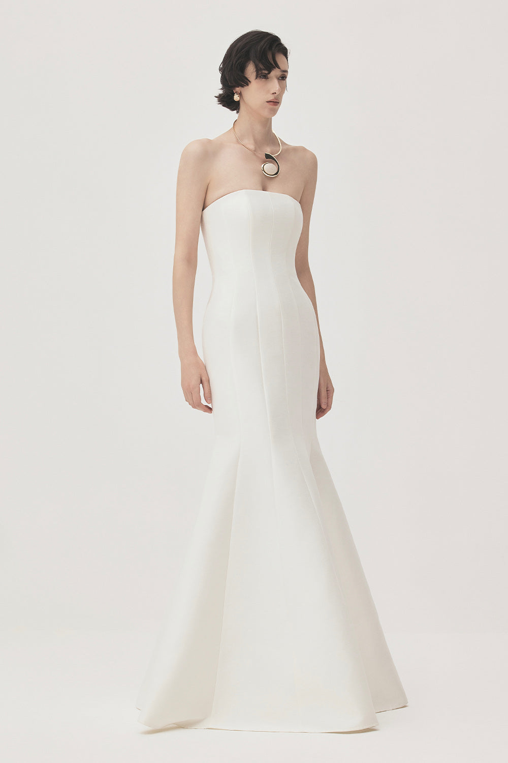 Tram Trumpet Straight Across Neck Taffeta Maxi Dress