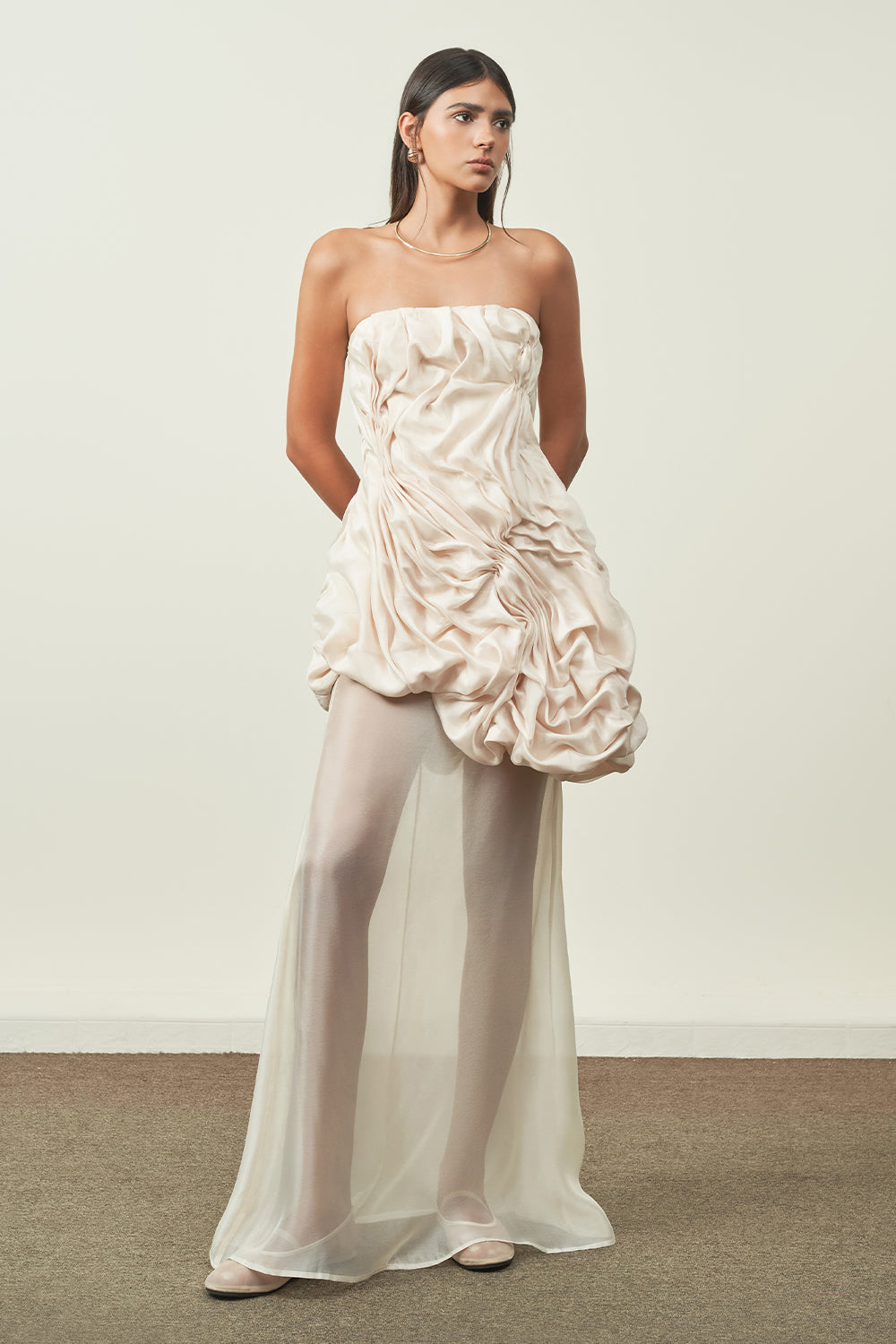 Hai Duong Asymmetric Straight Across Neck Silk Organza Top