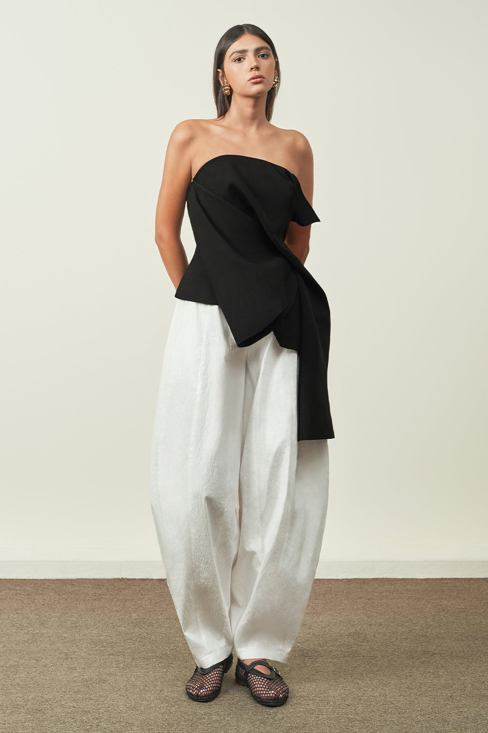 Nga Asymmetric Straight Across Neck Ribbed Cotton Top