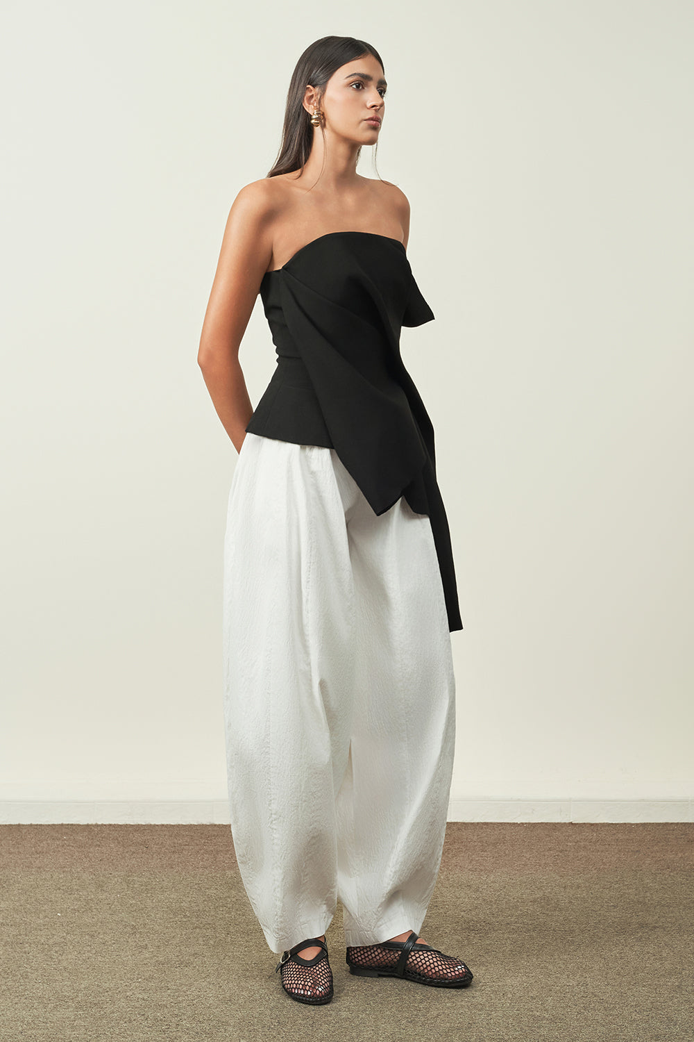 Nga Asymmetric Straight Across Neck Ribbed Cotton Top