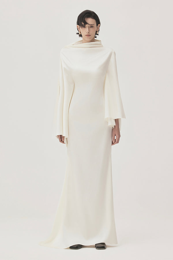 Van Chau Straight Slit Sleeved Satin Maxi Dress