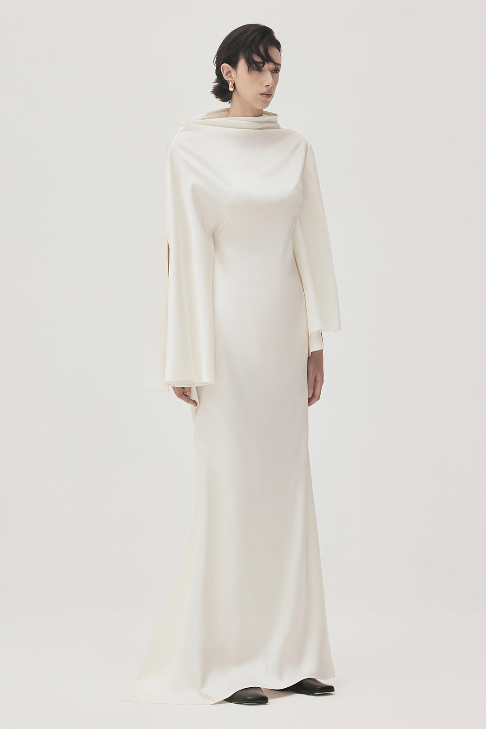 Van Chau Straight Slit Sleeved Satin Maxi Dress
