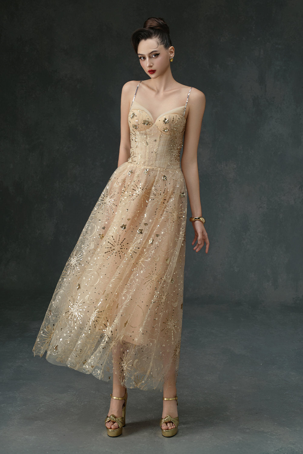 Women's Luminous Sweetheart Sequin Midi Dress S/M/L Beige/Blue/Black MEAN  BLVD