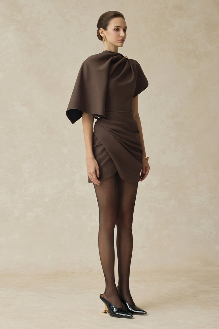 Lyrenia Asymmetric Sleeve Draped Mini Dress - MEAN BLVD