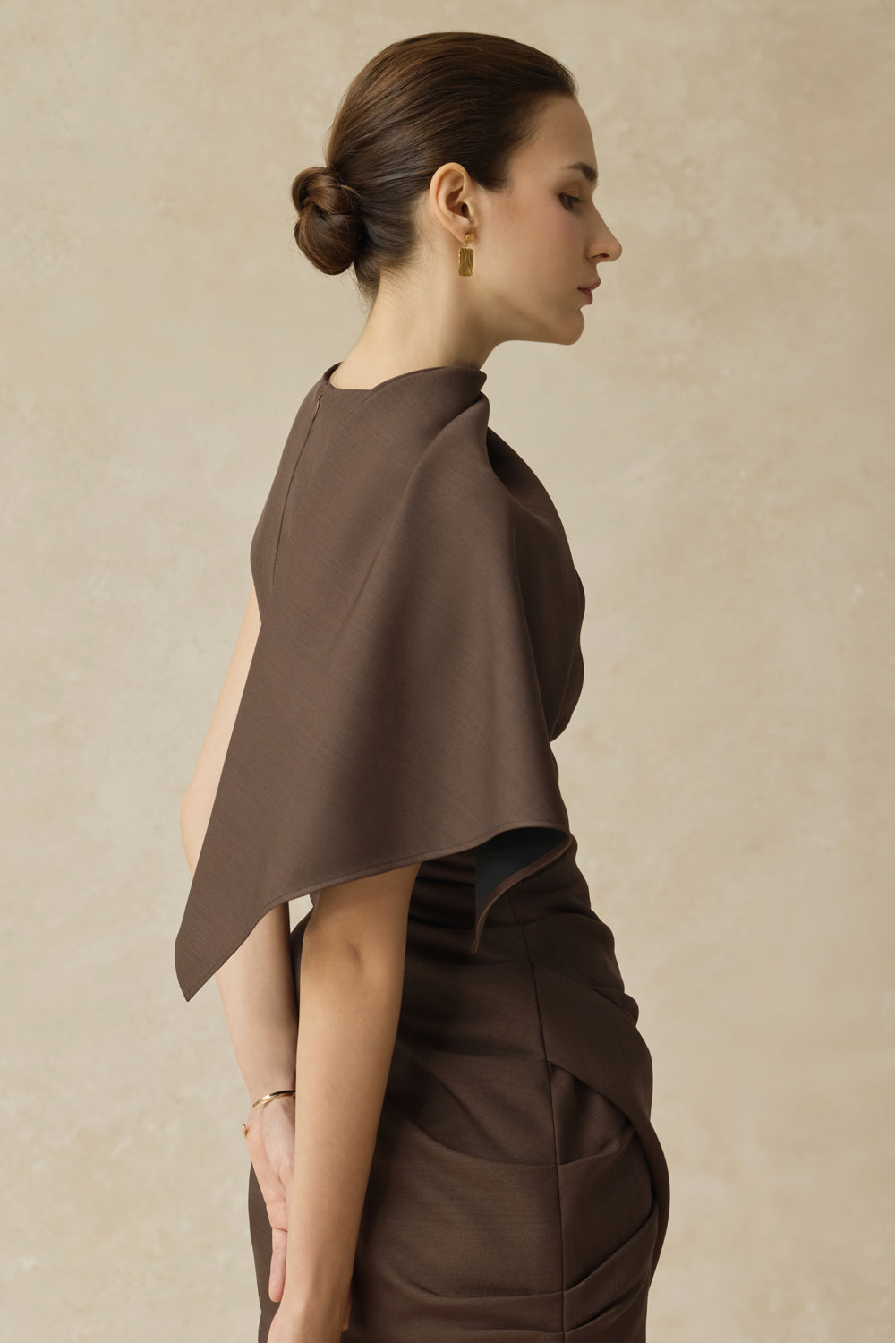 Women's Lyrenia Asymmetric Sleeve Draped Mini Dress XS/S/M/L/XL/Customize Earth Brown MEAN BLVD Women's Lyrenia Asymmetric Sleeve Draped Mini Dress XS/S/M/L/XL/Customize Earth Brown MEAN BLVD