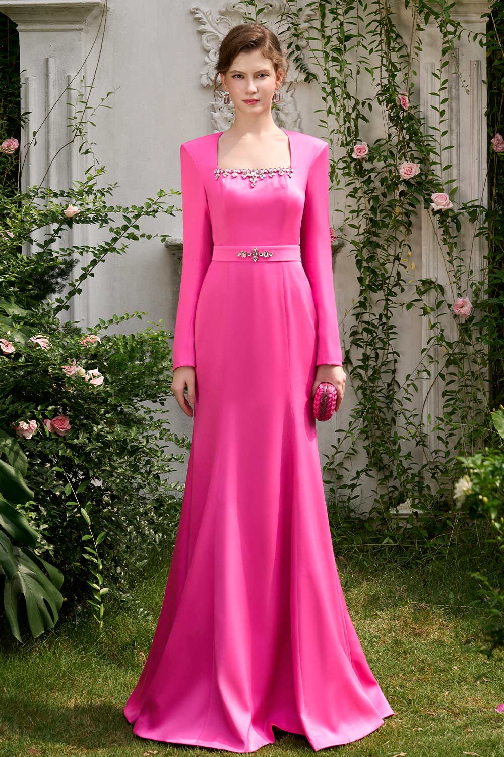 Jordan Trumpet Queen Anne Neck Silk Floor Length Dress