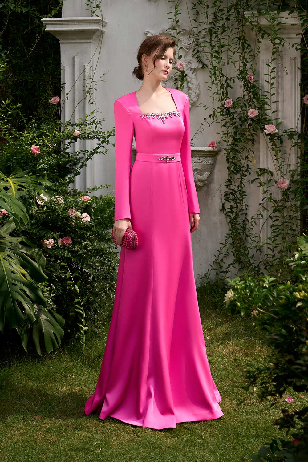 Jordan Trumpet Queen Anne Neck Silk Floor Length Dress