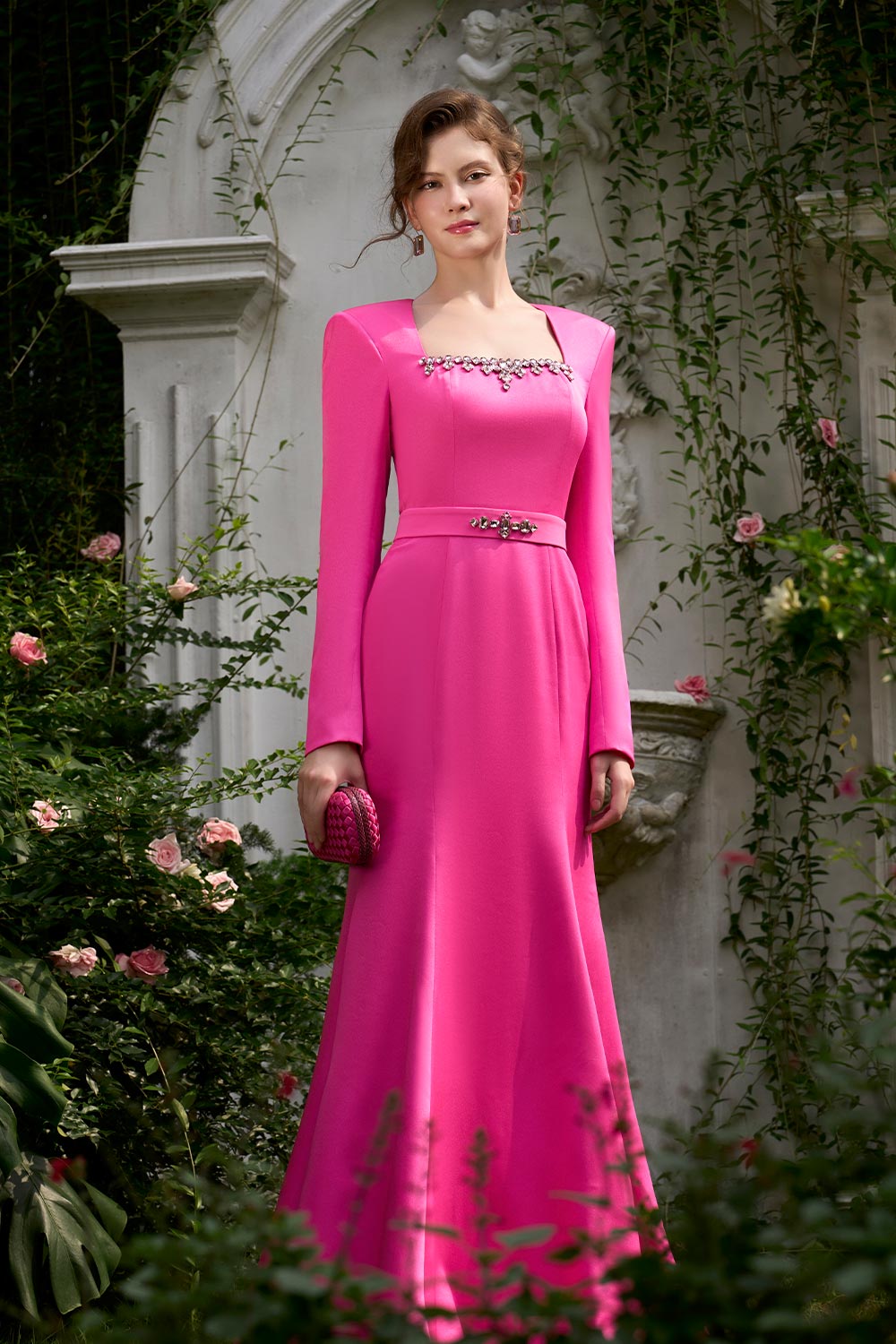 Jordan Trumpet Queen Anne Neck Silk Floor Length Dress