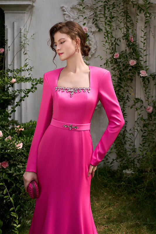 Jordan Trumpet Queen Anne Neck Silk Floor Length Dress