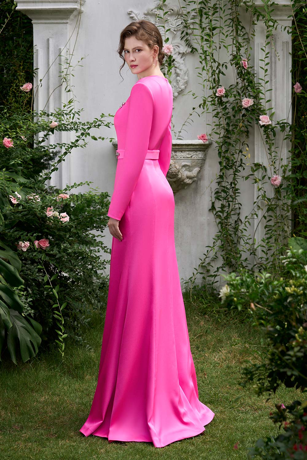 Jordan Trumpet Queen Anne Neck Silk Floor Length Dress