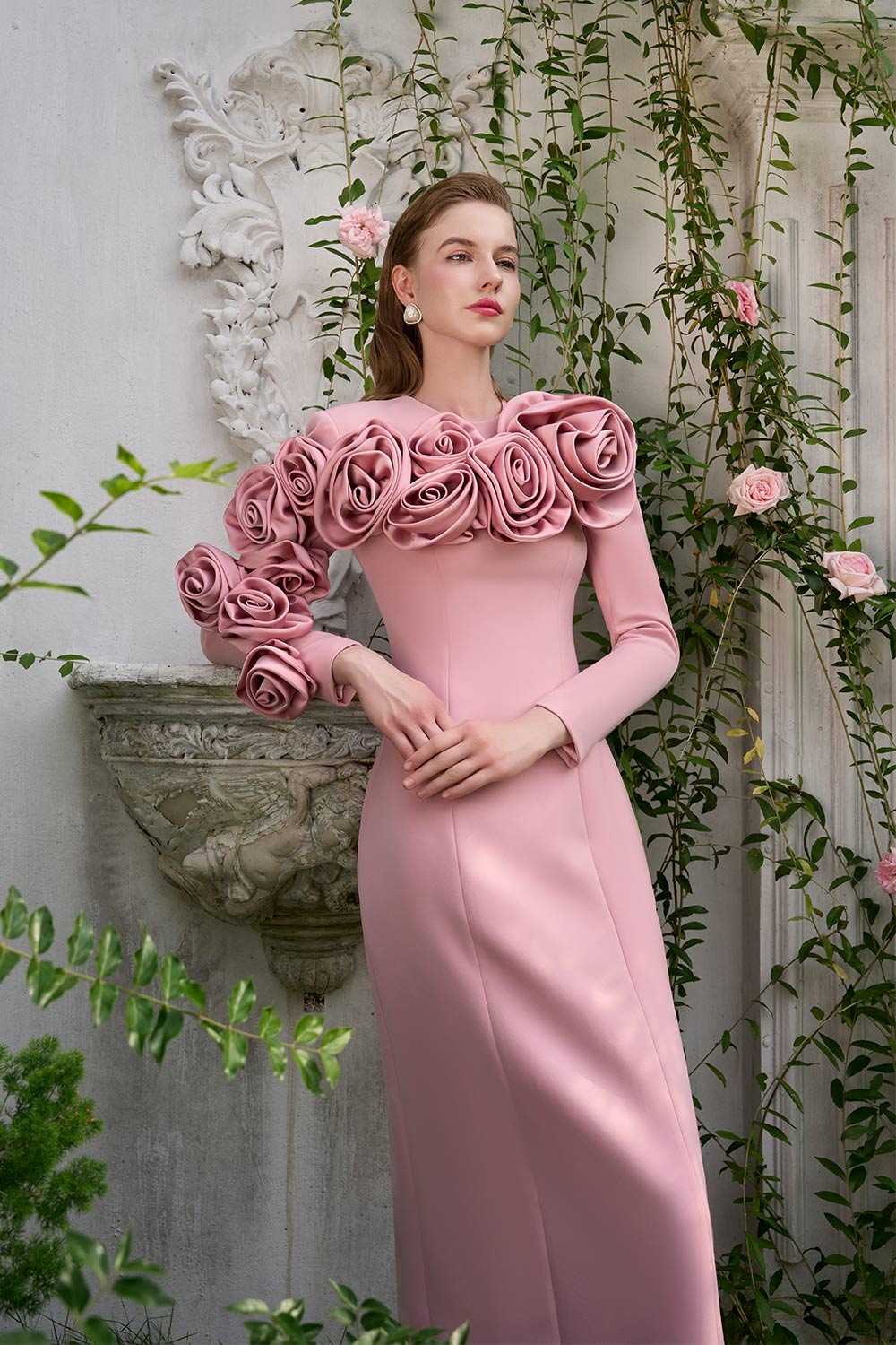 Laurel Sheath Flower Applique Silk Crepe Floor Length Dress