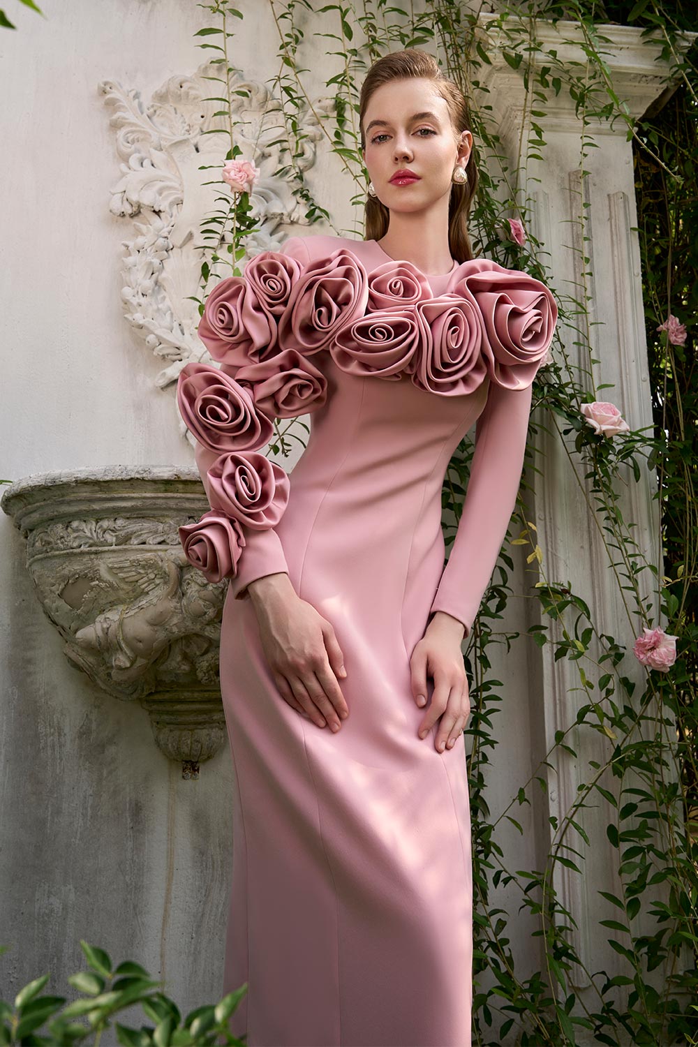 Laurel Sheath Flower Applique Silk Crepe Floor Length Dress