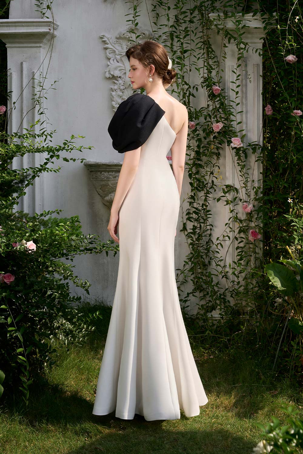 Annie Trumpet One Shoulder Organza Crepe Floor Length Dress