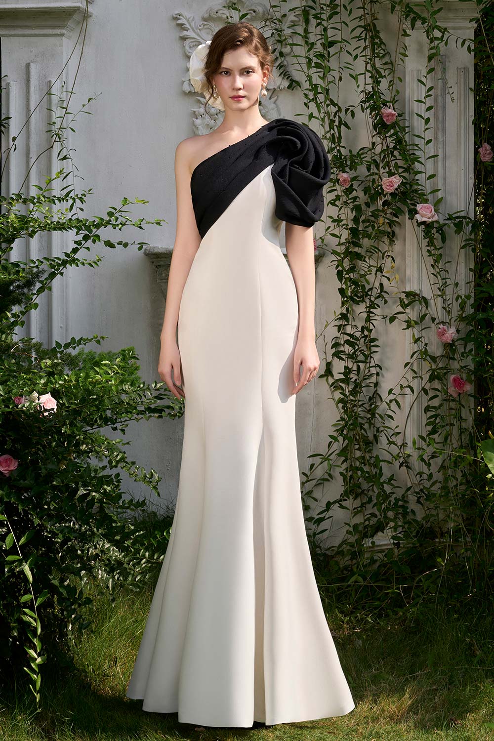 Annie Trumpet One Shoulder Organza Crepe Floor Length Dress