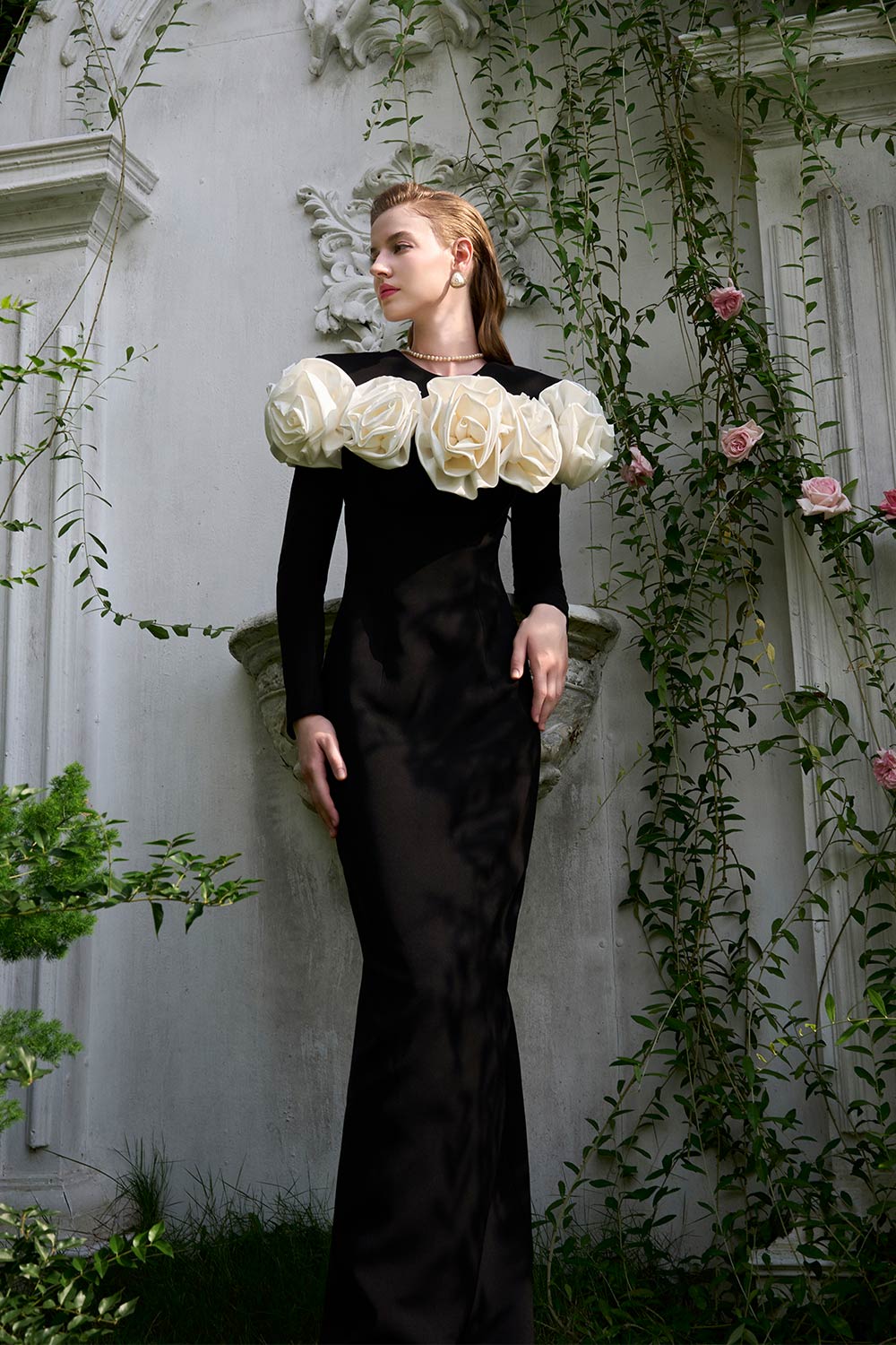 Denver Sheath Flower Applique Crepe Floor Length Dress